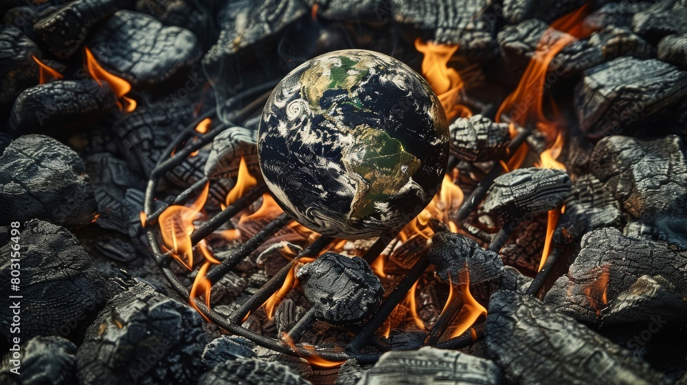 A small planet is on a grill with a lot of fire. global warming concept.