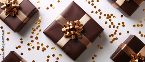 Happy Holidays mock up with chocolate gift box on brown. Celebration greeting background with sweets, presents, golden confetti, decorations. Flat lay. Top view. Generative Ai 