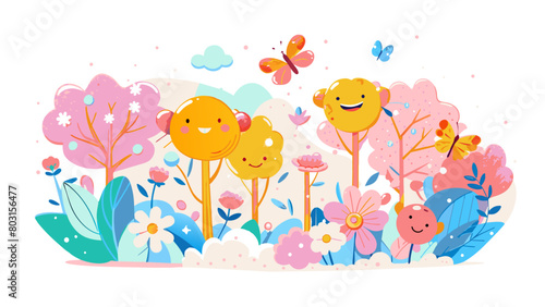 Cheerful Cartoon Flowers and Butterflies in a Vibrant Spring Scene World Emoji Day