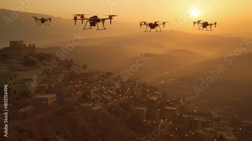 Autonomous drones deliver supplies across a dusty African landscape at sunset