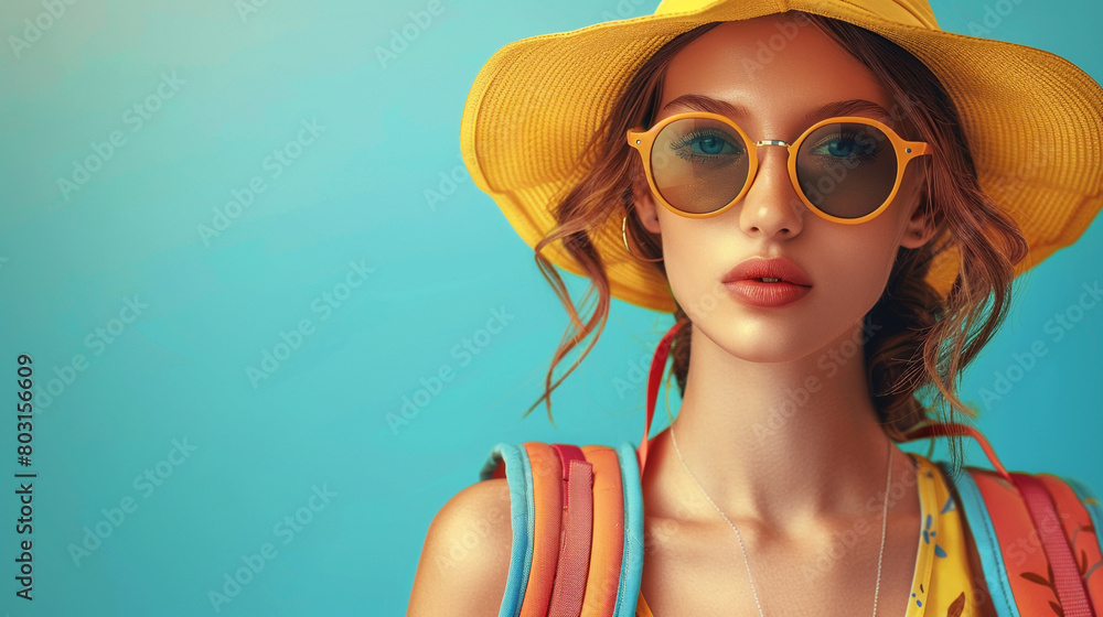 A photo of a young woman wearing a yellow hat and sunglasses, with a backpack on her shoulder. A photo of a young woman wearing a yellow hat and sunglasses, with a backpack on her shoulder.