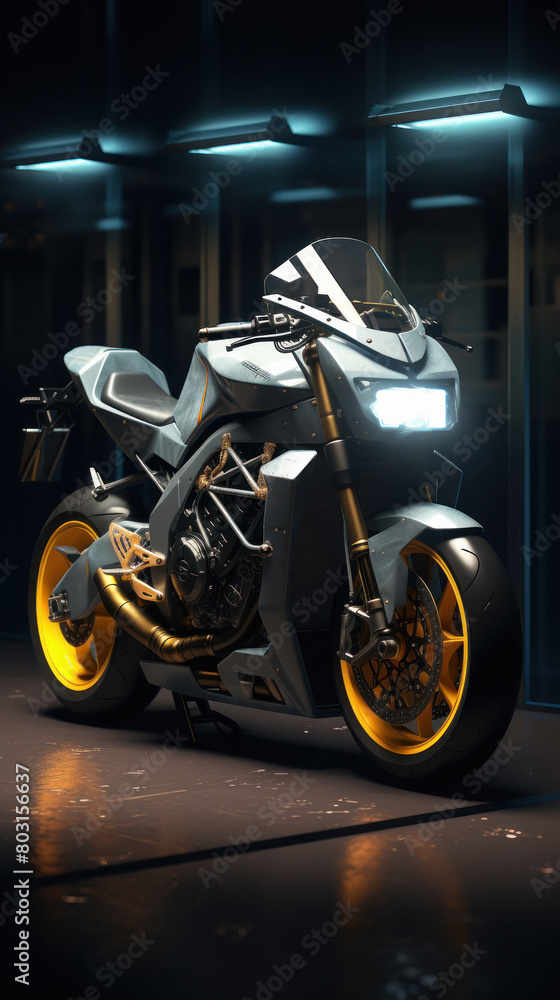 Stylish racing motorbike standing at showroom Stylish racing motorbike standing at showroom