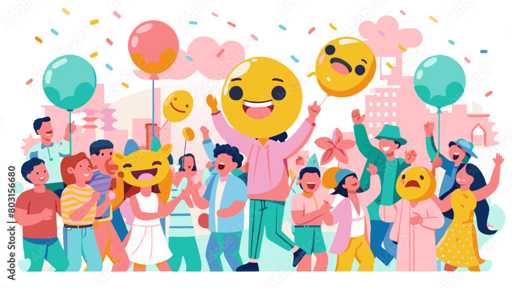 Joyful City Celebration with Vibrant Party Crowd and Emoticon Balloons World Emoji Day Joyful City Celebration with Vibrant Party Crowd and Emoticon Balloons World Emoji Day