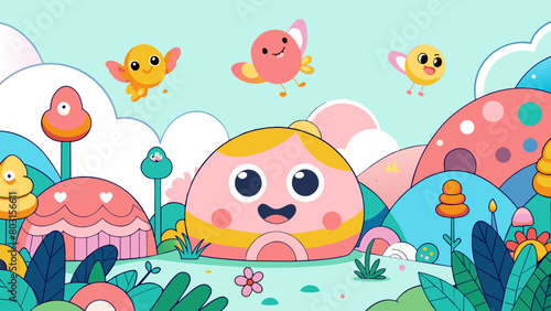 Colorful Cartoon Landscape with Cute Characters and Whimsical Nature World Emoji Day