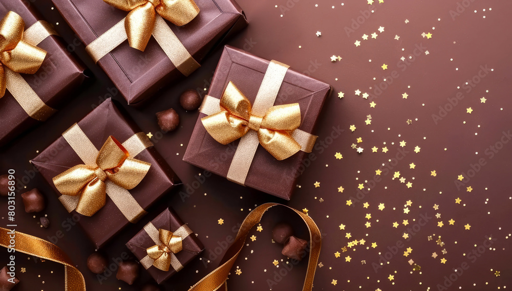 Happy Holidays mock up with chocolate gift box on brown. Celebration greeting background with sweets, presents, golden confetti, decorations. Flat lay. Top view. Generative Ai Happy Holidays mock up with chocolate gift box on brown. Celebration greeting background with sweets, presents, golden confetti, decorations. Flat lay. Top view. Generative Ai
