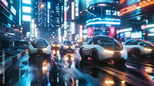 Fleet of autonomous vehicles cruising through a futuristic city at night