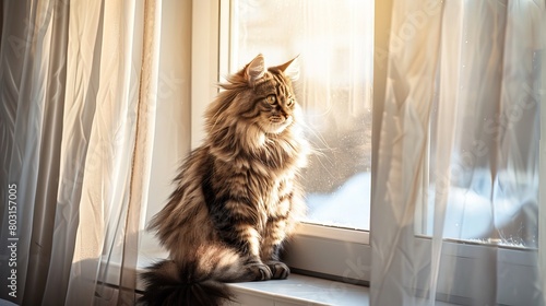 Serene cat enjoying morning sunshine on a cozy windowsill