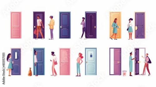 Men  women  children and animals open and close doors  leaving and entering an open doorway etc. Isolated female and male characters leave a house  lock the door  meet guests  throw garbage away 