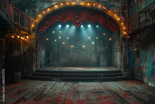 A moody, atmospheric shot of an empty, abandoned theater stage with striking red curtains and vintage charm