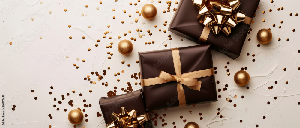 Happy Holidays mock up with chocolate gift box on brown. Celebration greeting background with sweets, presents, golden confetti, decorations. Flat lay. Top view. Generative Ai Happy Holidays mock up with chocolate gift box on brown. Celebration greeting background with sweets, presents, golden confetti, decorations. Flat lay. Top view. Generative Ai