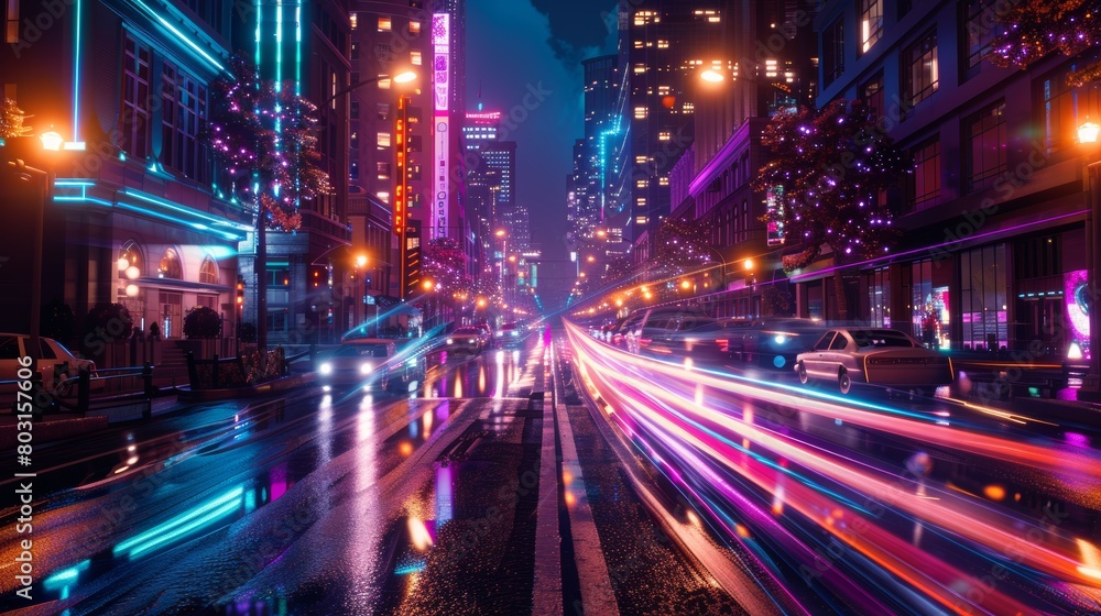 Futuristic cityscape at night with neon lights and animated ...