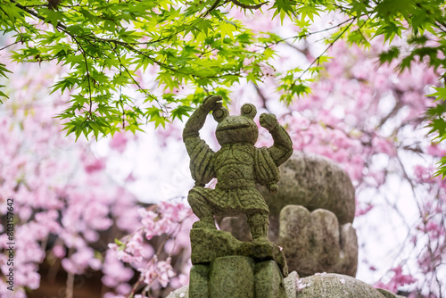 Frog statue with maple and pink sakura at Nyoirinji Temple, Ogori