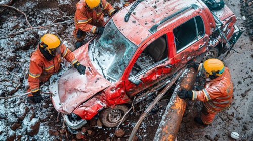 Create an overhead perspective of a collision involving a car and a roadside utility pole, with emergency responders working to