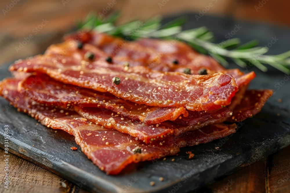 Succulent beef bacon slices seasoned with crushed peppercorn on a natural wooden surface Succulent beef bacon slices seasoned with crushed peppercorn on a natural wooden surface