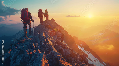 Sunset March: Determined Hikers Navigating a Rocky Trail Against a Spectacular Sunset.