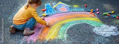 The child draws a house and a rainbow on the asphalt with chalk. Selective focus. Generative AI,