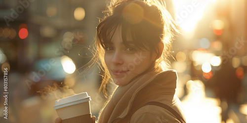 Portrait of a young lady drinking coffee on a coffee break