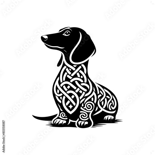 dog; Dachshund silhouette in animal celtic knot, irish, nordic illustration