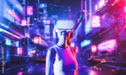 Smart female stand in cyberpunk style building in meta wear VR headset connect metaverse  future cyberspace community technology. Woman confidently look faraway to virtual construction. Hallucination.