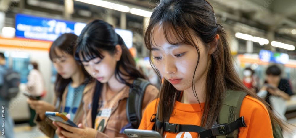 Capture the intersection of technology and urban infrastructure with images of passengers using smartphones to navigate public transportation systems or Capture the intersection of technology and urban infrastructure with images of passengers using smartphones to navigate public transportation systems or