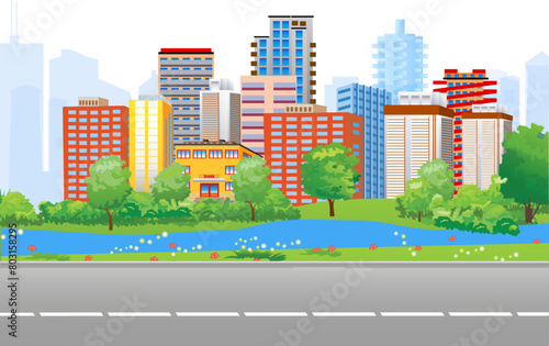 View of a modern city located on the bank of a river. And a highway runs along the river bank. Vector illustration.