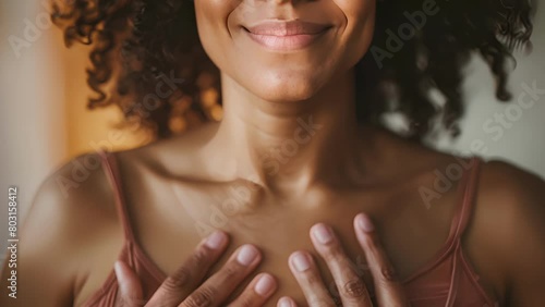 A woman practicing deep belly breathing to activate the vagus nerve and improve heart rate variability. . photo