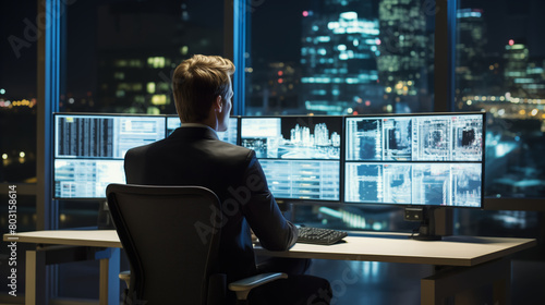 technical operator employee working with multiple computer monitors, displays in system control room