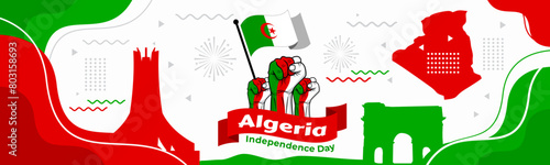 ALGERIA national day banner with map, flag colors theme background