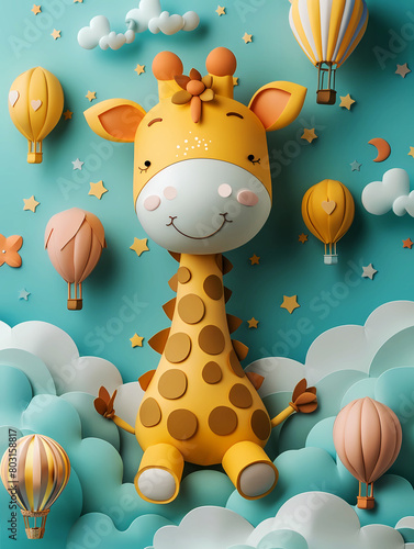 Adorable posing giraffe with hot air balloons and clouds paper cut safari animal. 3D. 