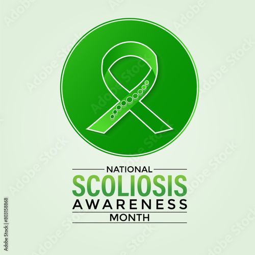 Vector illustration on the theme of National Scoliosis awareness month observed each year in June. Green ribbon with human body design illustration. Banner poster, flyer and background design.
