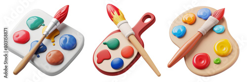 PNG paintbrush and palette 3d icons and objects collection, in cartoon style minimal on transparent, white background, isolate