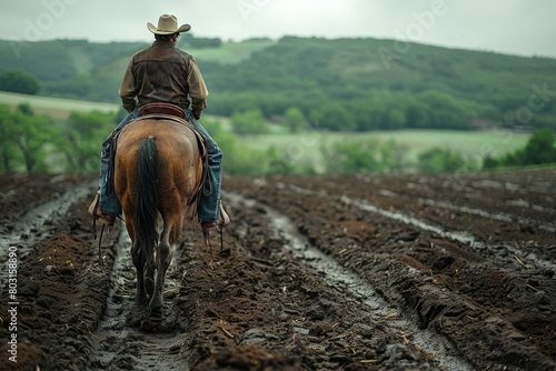 A cowboy in a hat is seen riding a horse along a muddy track with rolling hills in the background, showcasing rural farm life