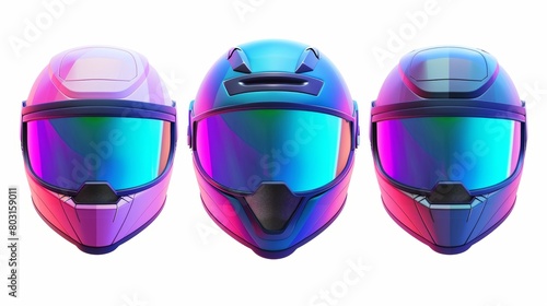 Three dimensional illustrations of retro colored helmets with visors and black glasses in angle views isolated on white.