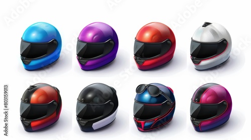 Illustrations of 3D retro color motorcycle helmets with visors and black glasses isolated on white background for moto races and scooter rides. photo