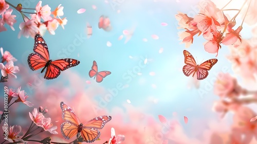 pring banner, branches of blossoming cherry against background of blue sky and butterflies on nature outdoors. Pink sakura flowers, dreamy romantic image spring, landscape panorama, copy space. © Muzikitooo