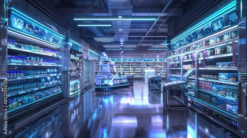 Futuristic supermarket scene with automated checkout and advanced technology