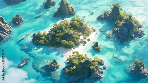 Aerial view of archipelago and sea  cartoon  anime style. 