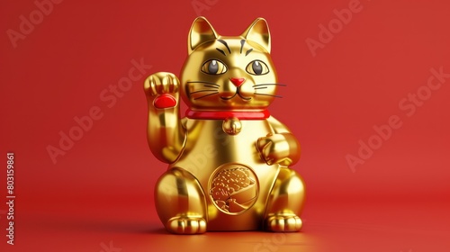 Golden Lucky cat with red background photo