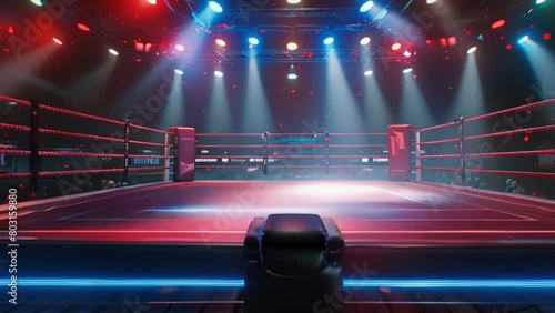 Empty modern boxing ring before start of professional boxing match or competition, illuminated by floodlights. Fight arena for boxers game. Sporty stadium for wrestling tournament. photo