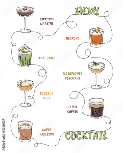 Continuous one line drawing of alcoholic cocktail drinks isolated on white background. Espresso martini, negroni, thai basil, elderflower rosemary, bourbon sour, irish coffee, kaffe karlsson