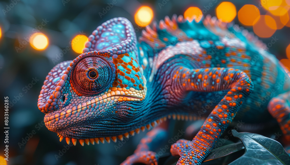 a colorful chameleon is climbing on a RGB LED strip light,generative ai a colorful chameleon is climbing on a RGB LED strip light,generative ai