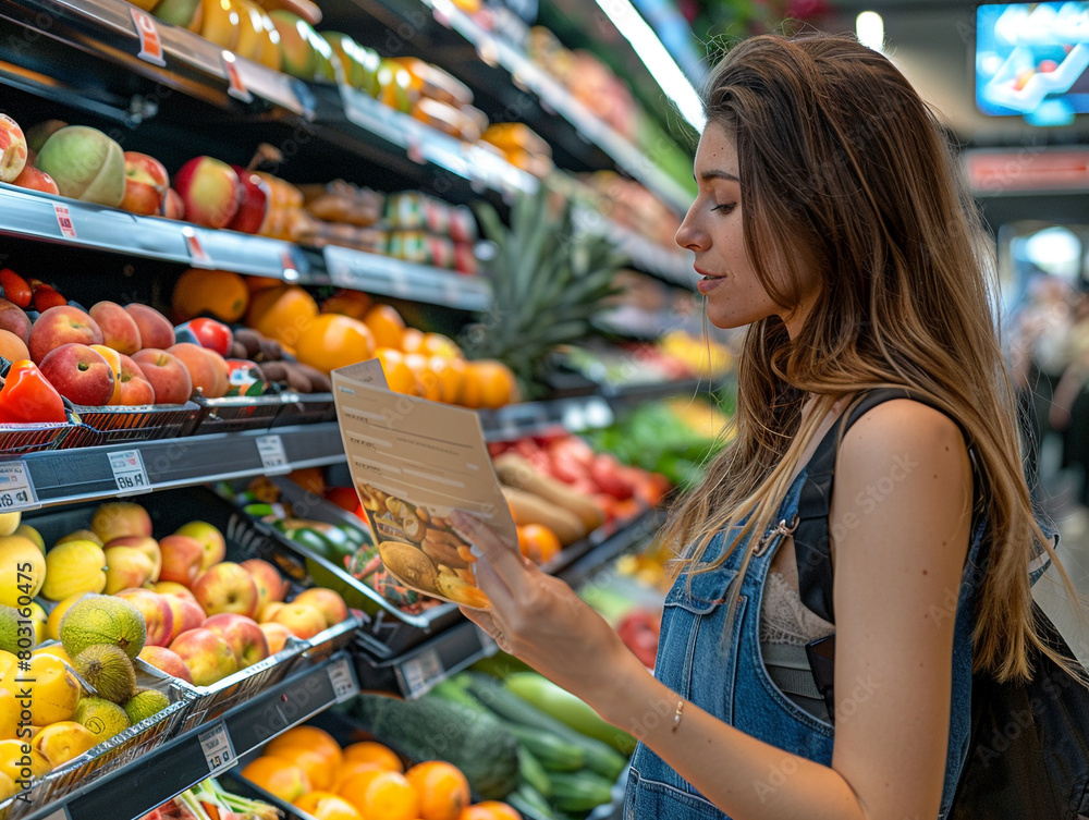 A young woman reads a food label while shopping for groceries in the produce section of a supermarket.