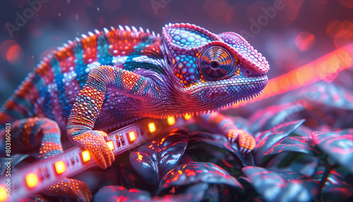 a colorful chameleon is climbing on a RGB LED strip light,generative ai