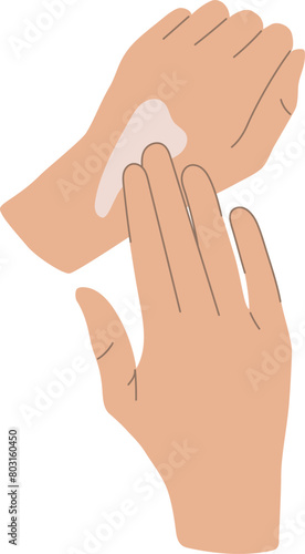 Close up of female hands applying cream, skin care, flat vector illustration, hand skin care concept