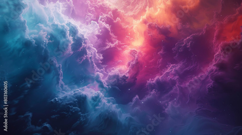 A colorful space scene with a mix of blue, pink, and orange clouds