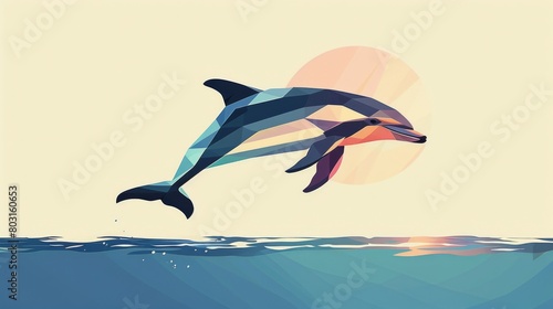Vibrant geometric illustration of a playful dolphin swimming in blue waters