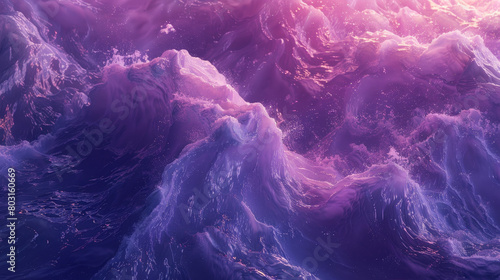 A purple ocean with waves crashing against the shore