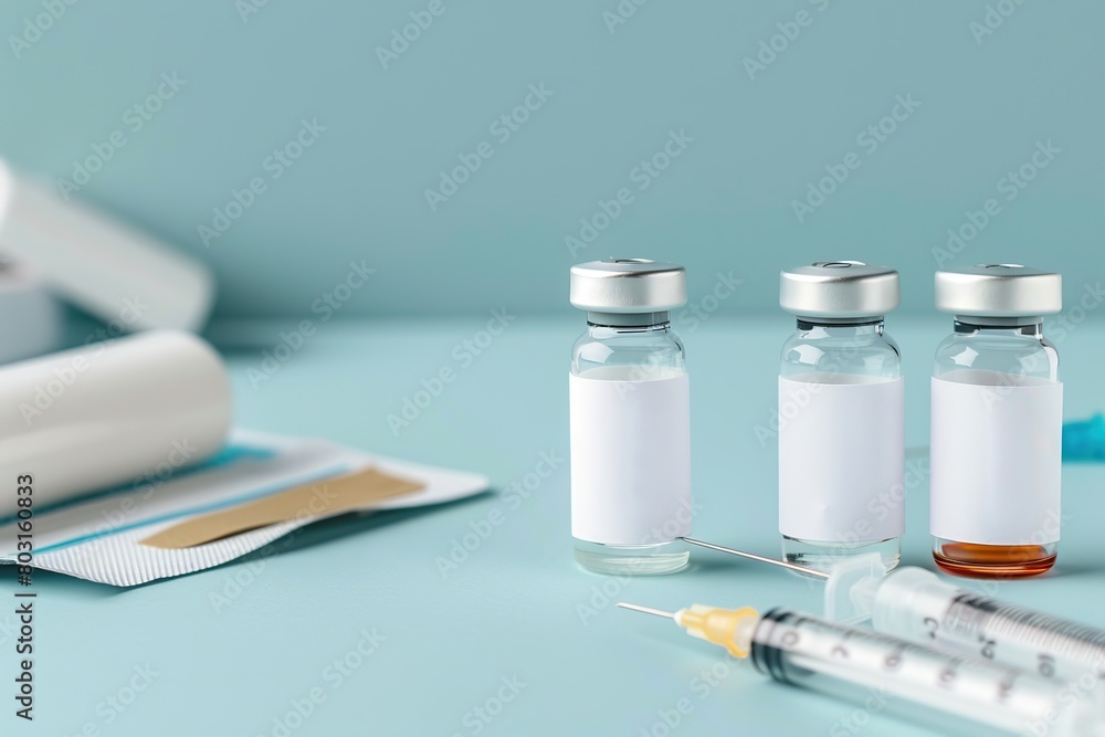 Syringe and glass vial on blue background table. Medical Vials group, needles, ampoules, bottle with medicines or vaccine. Disease treatment. Creative Banner. Anti-aging beauty injections. Vaccination Syringe and glass vial on blue background table. Medical Vials group, needles, ampoules, bottle with medicines or vaccine. Disease treatment. Creative Banner. Anti-aging beauty injections. Vaccination
