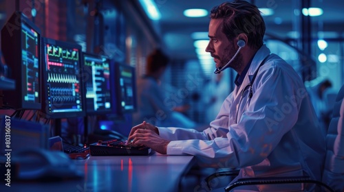 Focused Security Specialist Monitoring Systems in a Network Operations Center photo