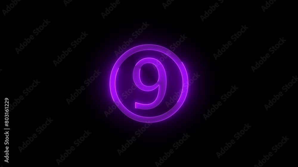 Nine number round circle icon glowing neon purple color animation black background Nine number round circle icon glowing neon purple color animation black background